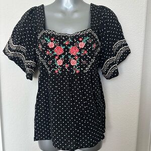 Polka Dot Boutique Top Babydoll Women’s Sz Small Embroidered Blouse